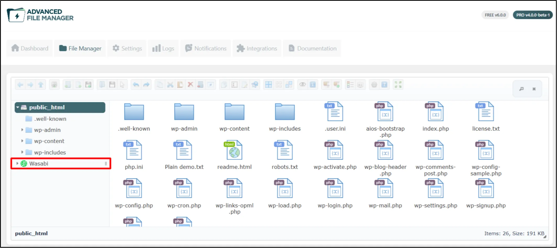 Wasabi cloud storage folder shown in the Advanced File Manager Pro file tree in WordPress